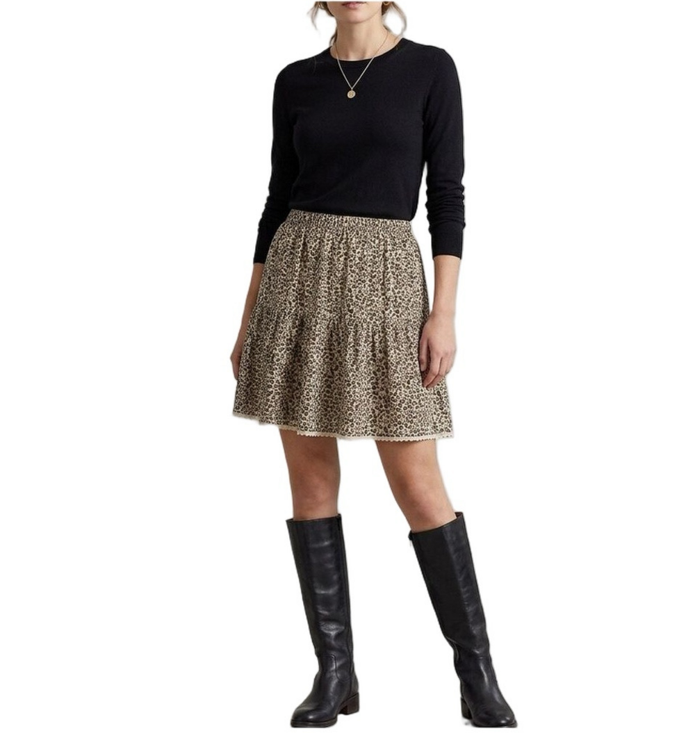 Kirious Los Angeles Leopard Print Tiered Skirt Large | Brown Tan Knee Length